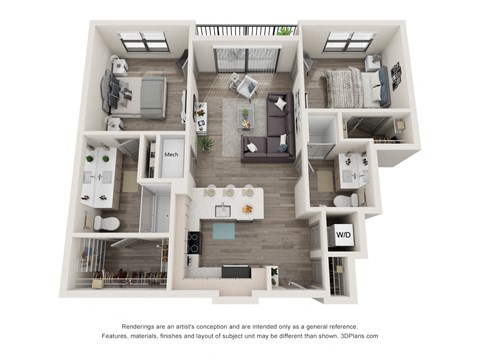 Floor plan for 2 beds, 2 baths, 988 sqft